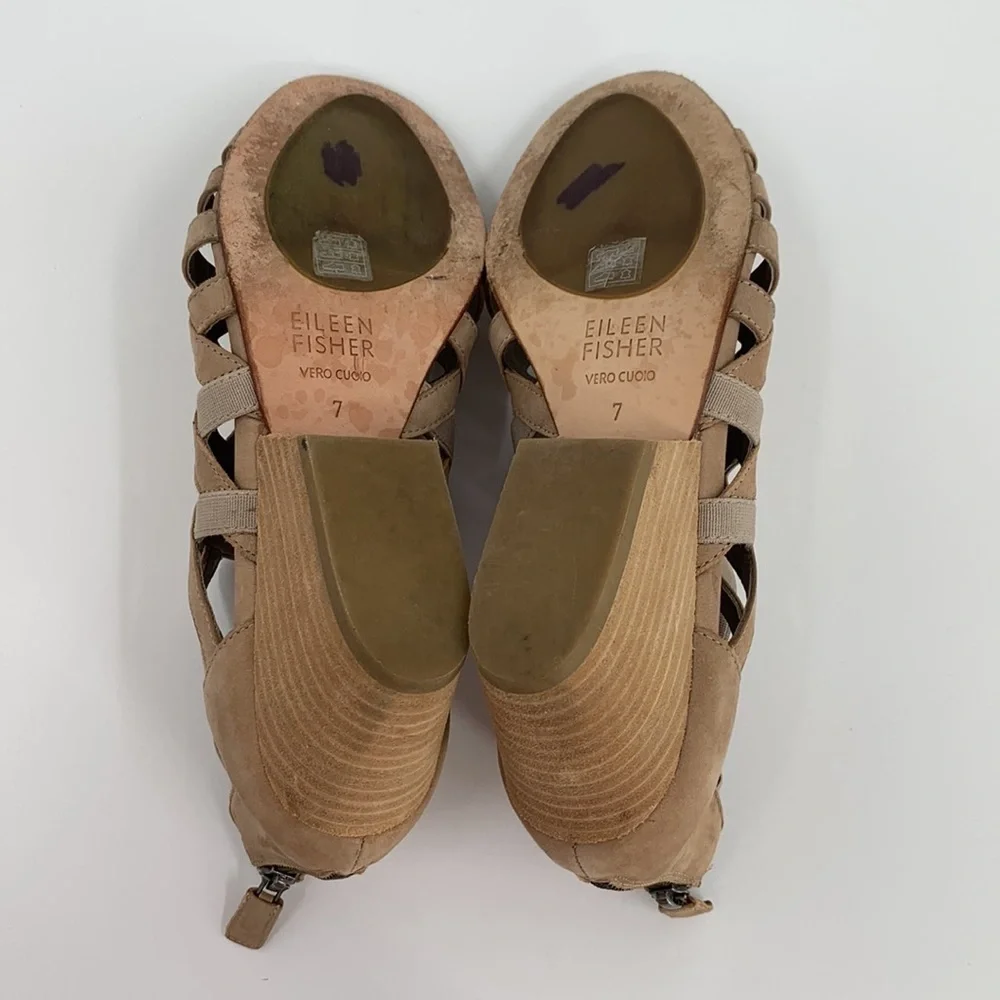 Eileen Fisher Oodle suede strappy gladiator sandal shoe tan cross cross wedge 7